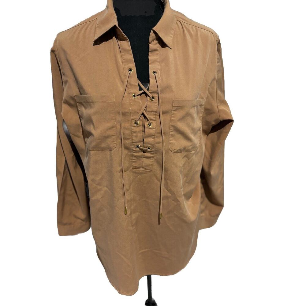 Chico’s Sz 2 M women’s havelock  Boho Safari Lace Up Native Style Top‎ tunic tan